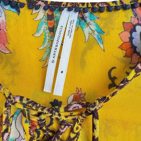 Anthropologie Marigold Yellow Bright Floral Ruffle V-neck Sheer Tunic Blouse - Picture 13 of 15